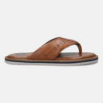 A cognac Men's bugatti Thongs featuring a open toe plain toe, zero heels heel, and a wide fit. Made from premium genuine leather with a durable eva outsole, this slip-on design offers both style and comfort.