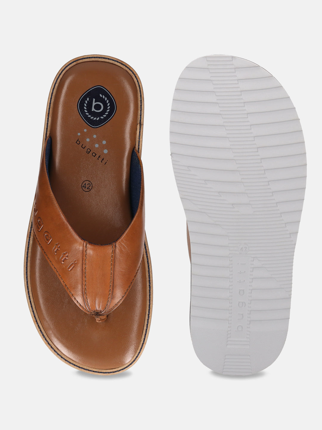 A cognac Men's bugatti Thongs featuring a open toe plain toe, zero heels heel, and a wide fit. Made from premium genuine leather with a durable eva outsole, this slip-on design offers both style and comfort.