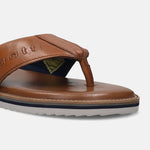 A cognac Men's bugatti Thongs featuring a open toe plain toe, zero heels heel, and a wide fit. Made from premium genuine leather with a durable eva outsole, this slip-on design offers both style and comfort.