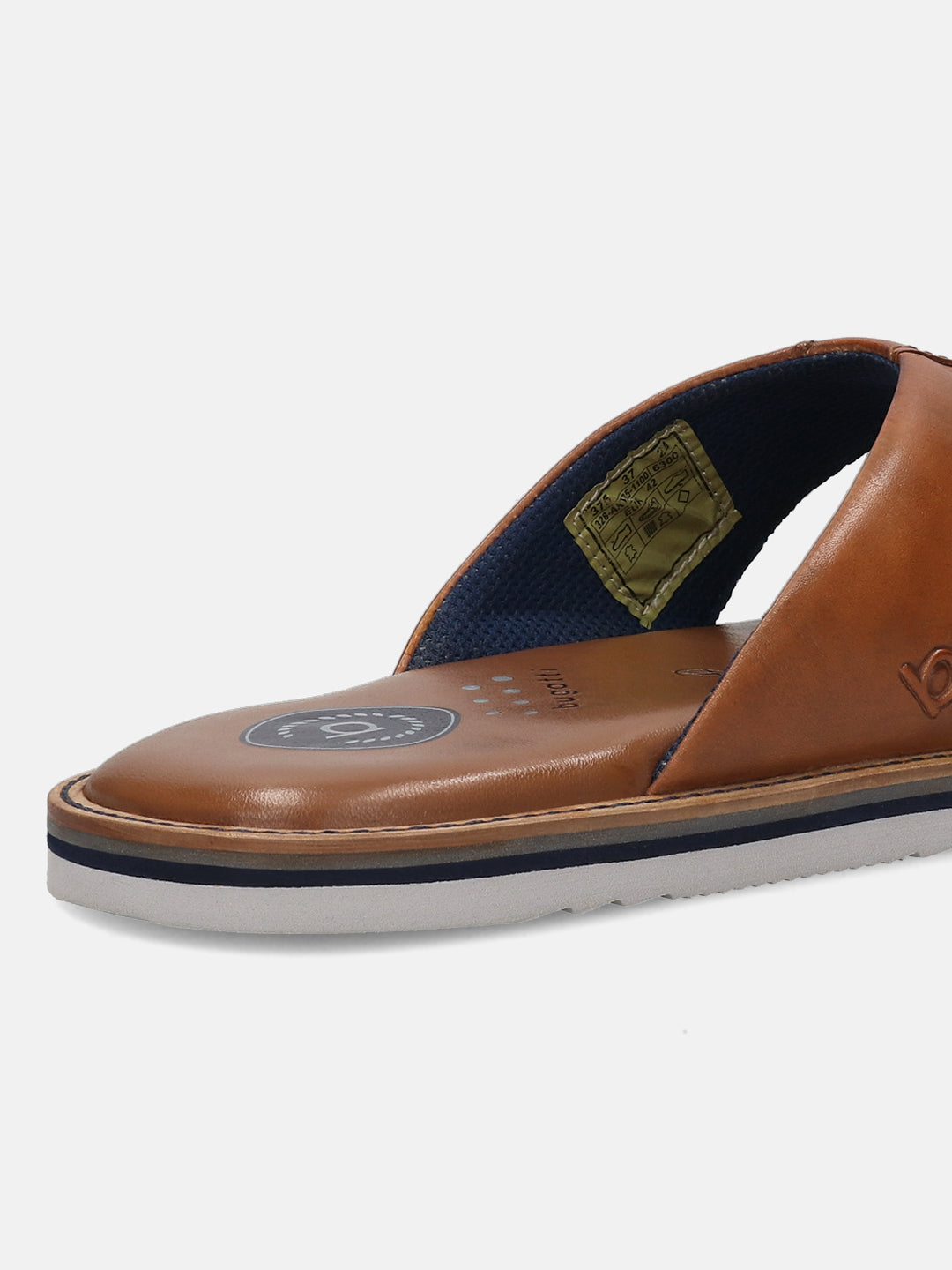 A cognac Men's bugatti Thongs featuring a open toe plain toe, zero heels heel, and a wide fit. Made from premium genuine leather with a durable eva outsole, this slip-on design offers both style and comfort.