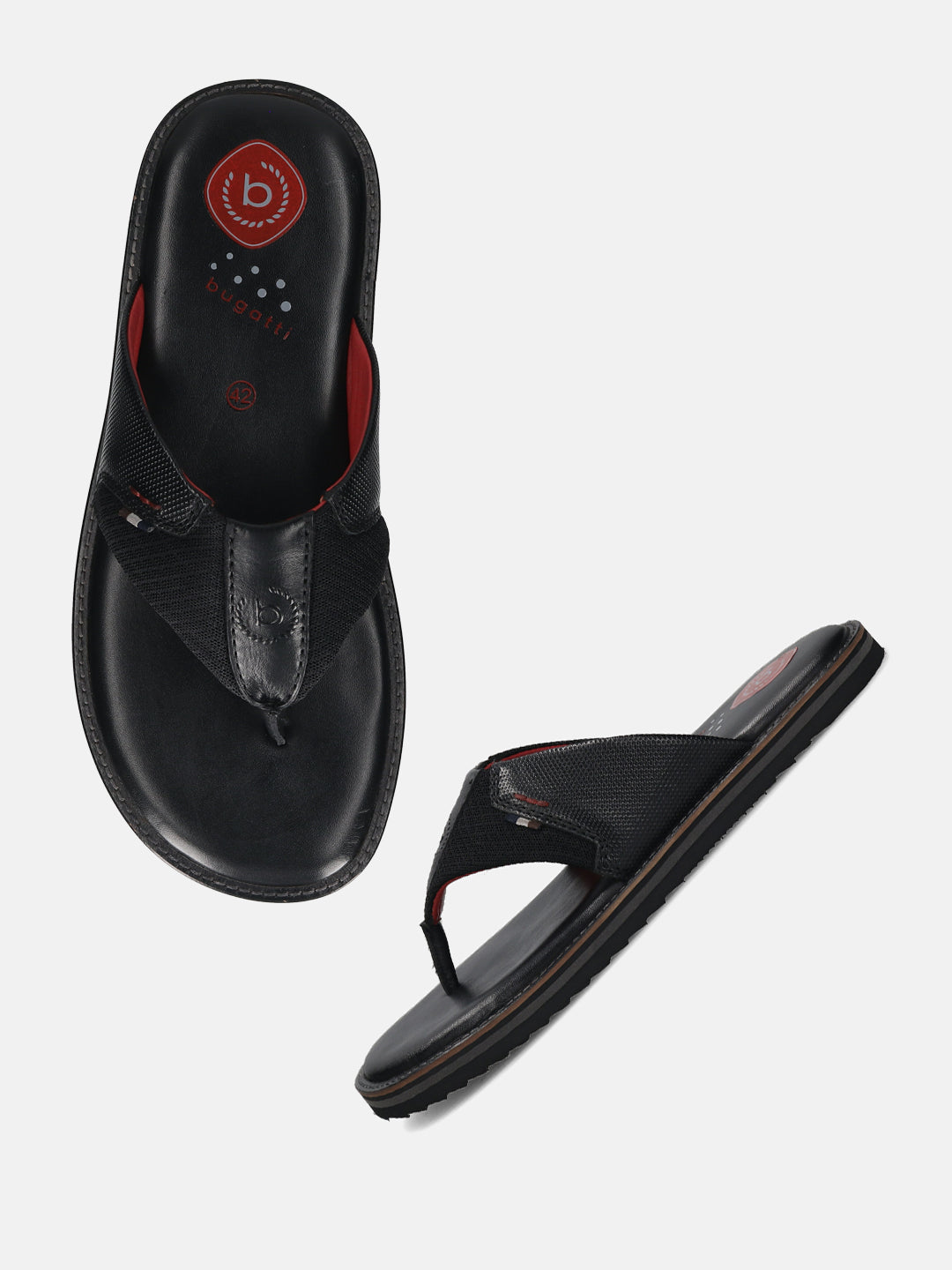 Men's Bugatti thong black leather / textile shoes with a round toe , a eva outsole.