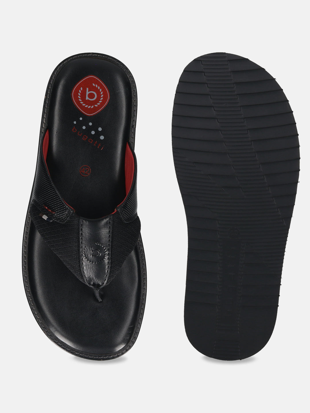 Men's Bugatti thong black leather / textile shoes with a round toe , a eva outsole.