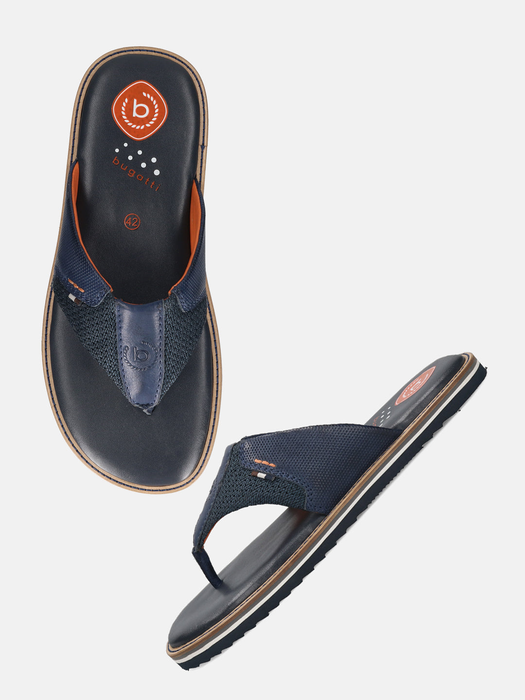 Men's Bugatti thong blue leather / textile shoes with a round toe , a eva outsole.