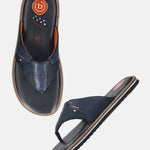 Men's Bugatti thong blue leather / textile shoes with a round toe , a eva outsole.