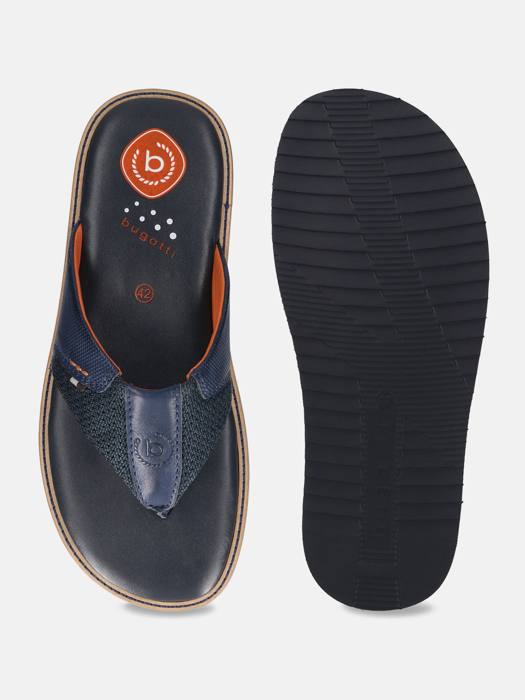 Men's Bugatti thong blue leather / textile shoes with a round toe , a eva outsole.