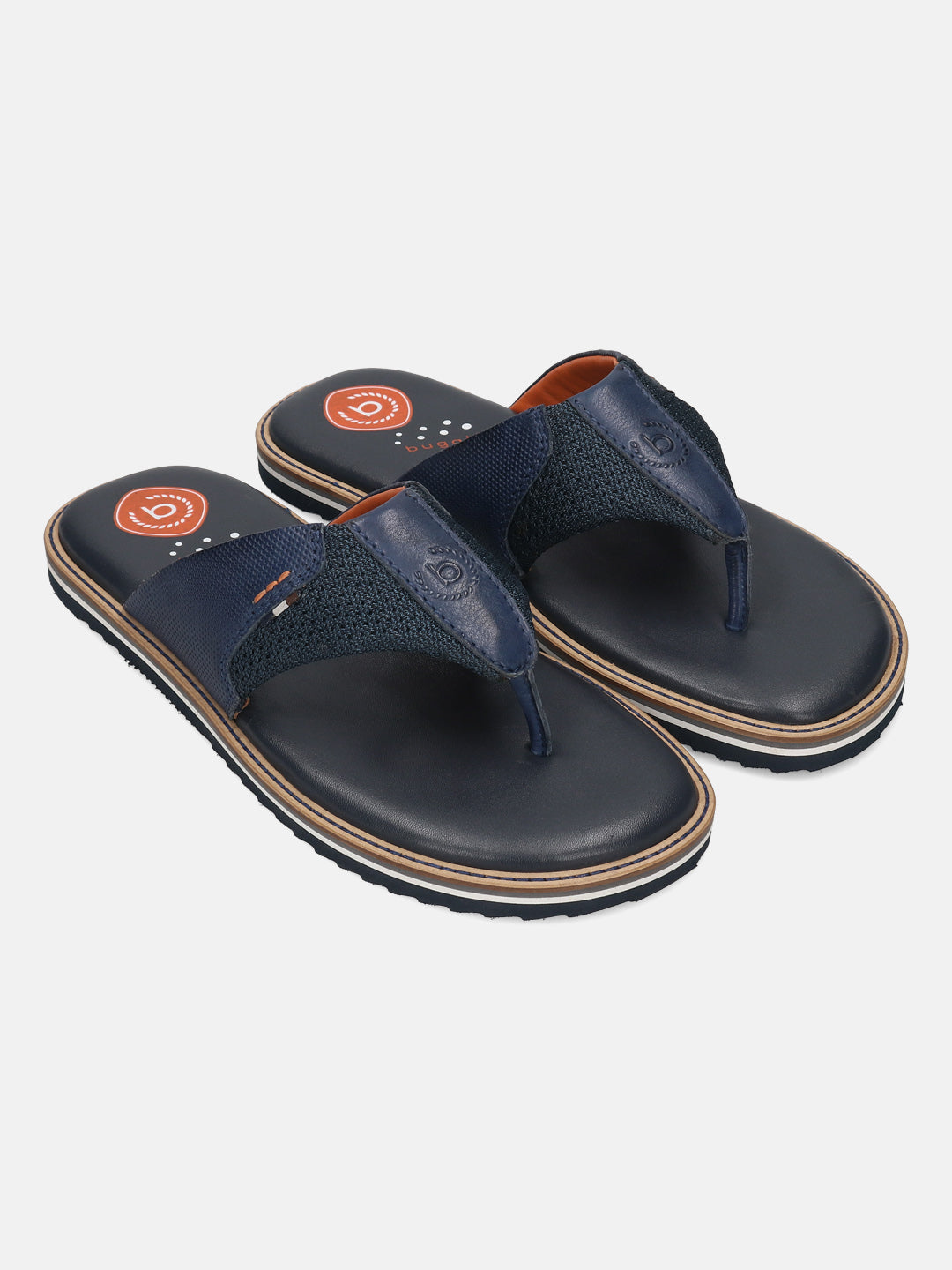 Men's Bugatti thong blue leather / textile shoes with a round toe , a eva outsole.