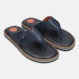 Men's Bugatti thong blue leather / textile shoes with a round toe , a eva outsole.