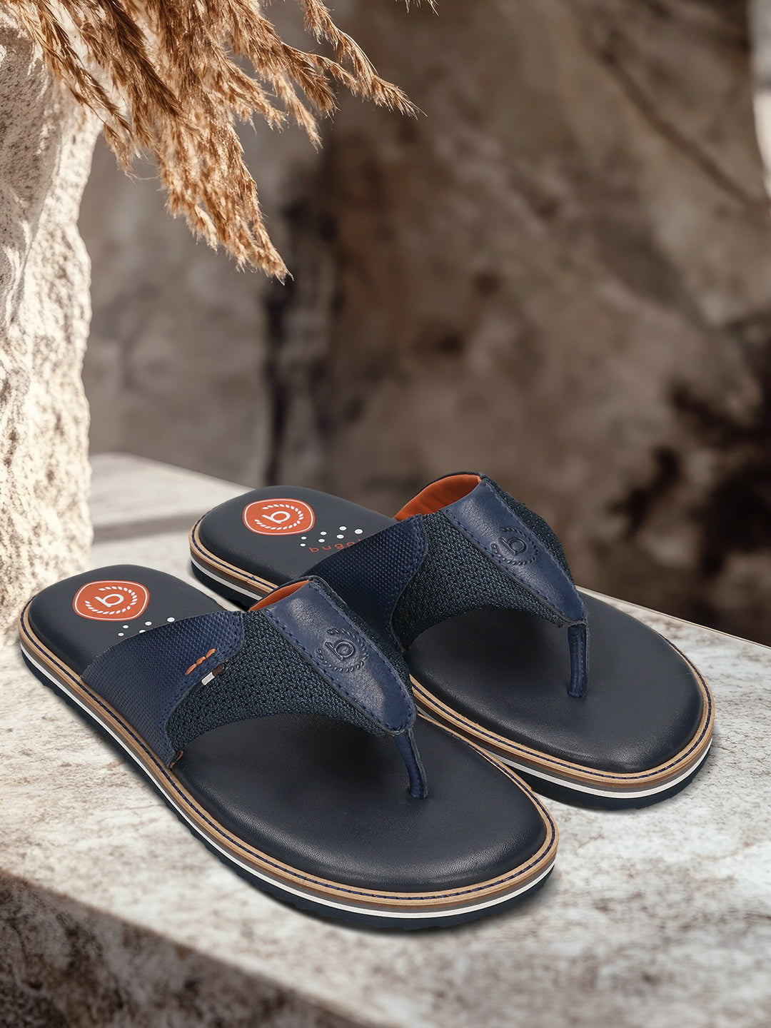 Men's Bugatti thong blue leather / textile shoes with a round toe , a eva outsole.