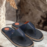 Men's Bugatti thong blue leather / textile shoes with a round toe , a eva outsole.