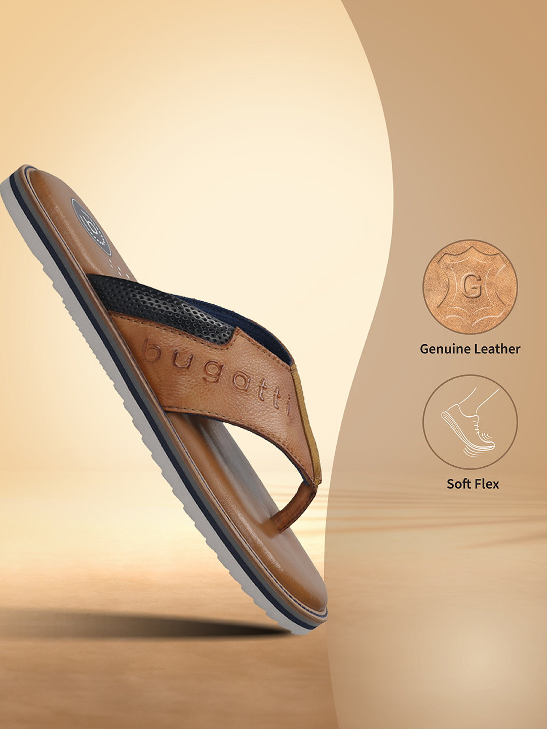 Men's Bugatti thong cognac leather shoes with a round toe , a eva outsole.