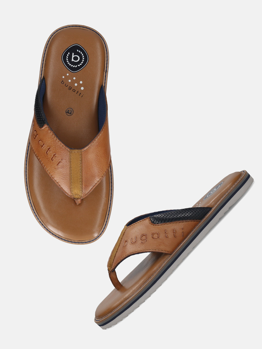 Men's Bugatti thong cognac leather shoes with a round toe , a eva outsole.