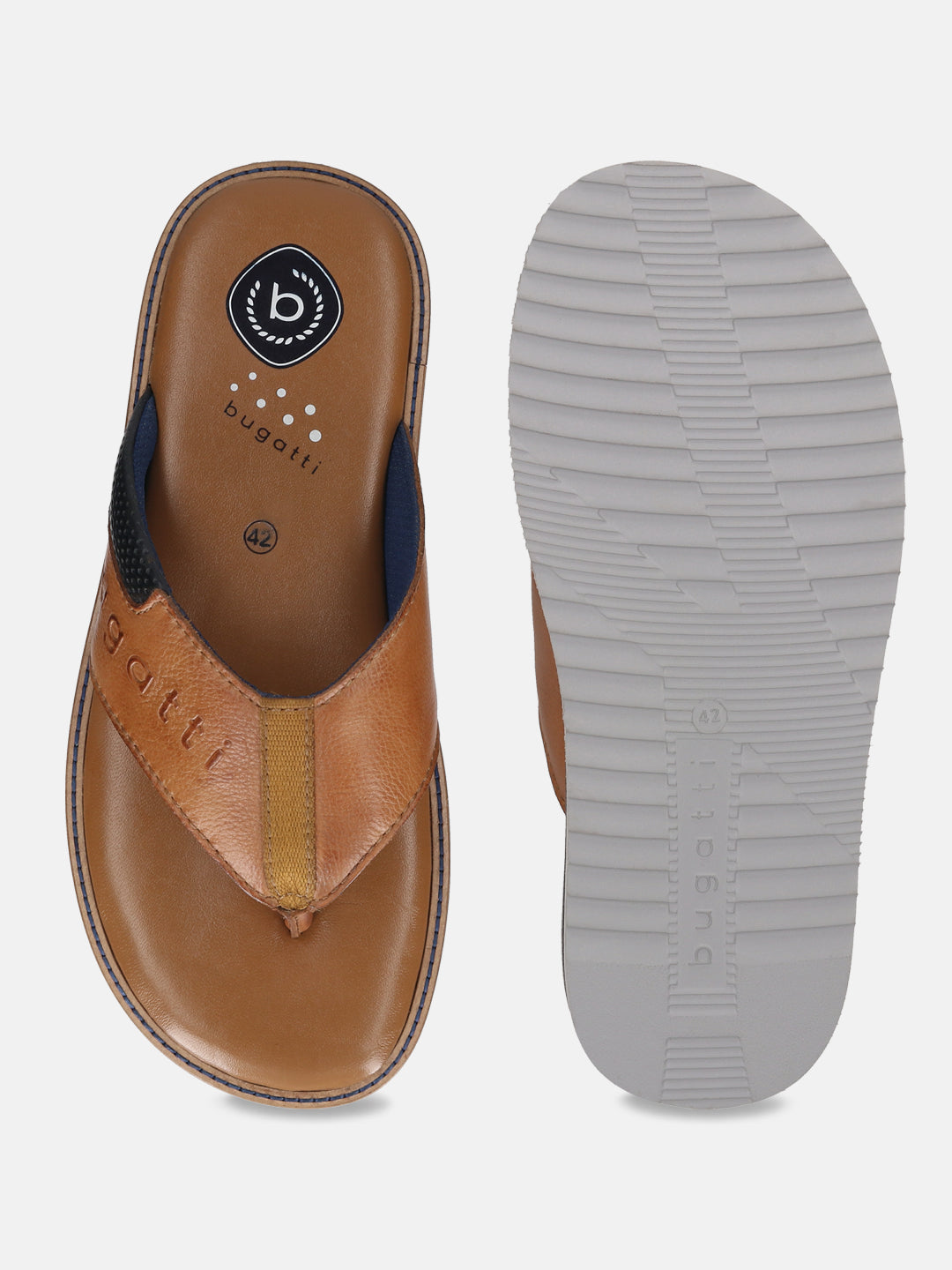 Men's Bugatti thong cognac leather shoes with a round toe , a eva outsole.