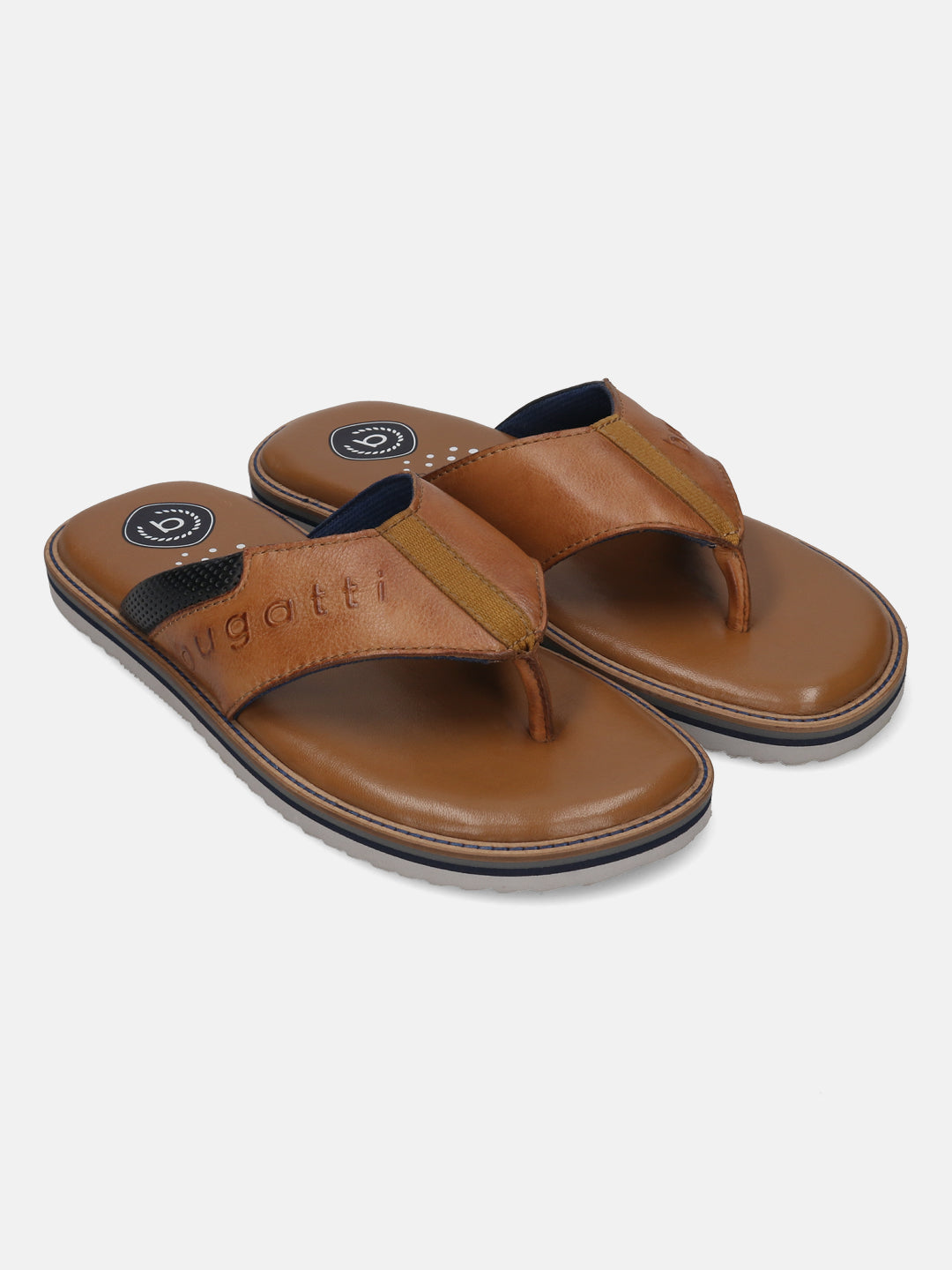 Men's Bugatti thong cognac leather shoes with a round toe , a eva outsole.