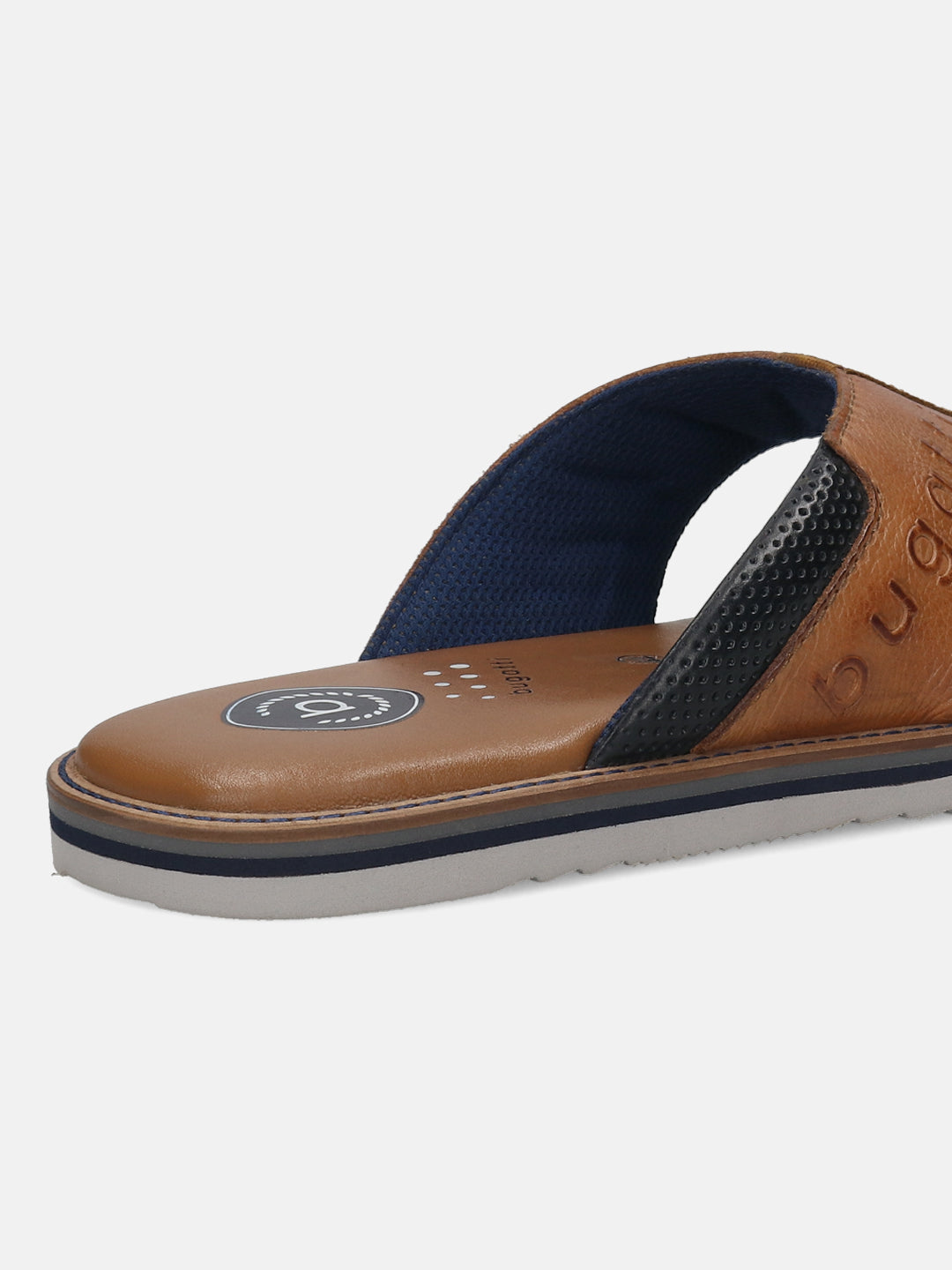 Men's Bugatti thong cognac leather shoes with a round toe , a eva outsole.