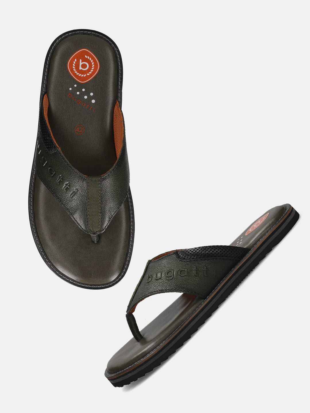 Men's Bugatti thong green leather shoes with a round toe , a eva outsole.