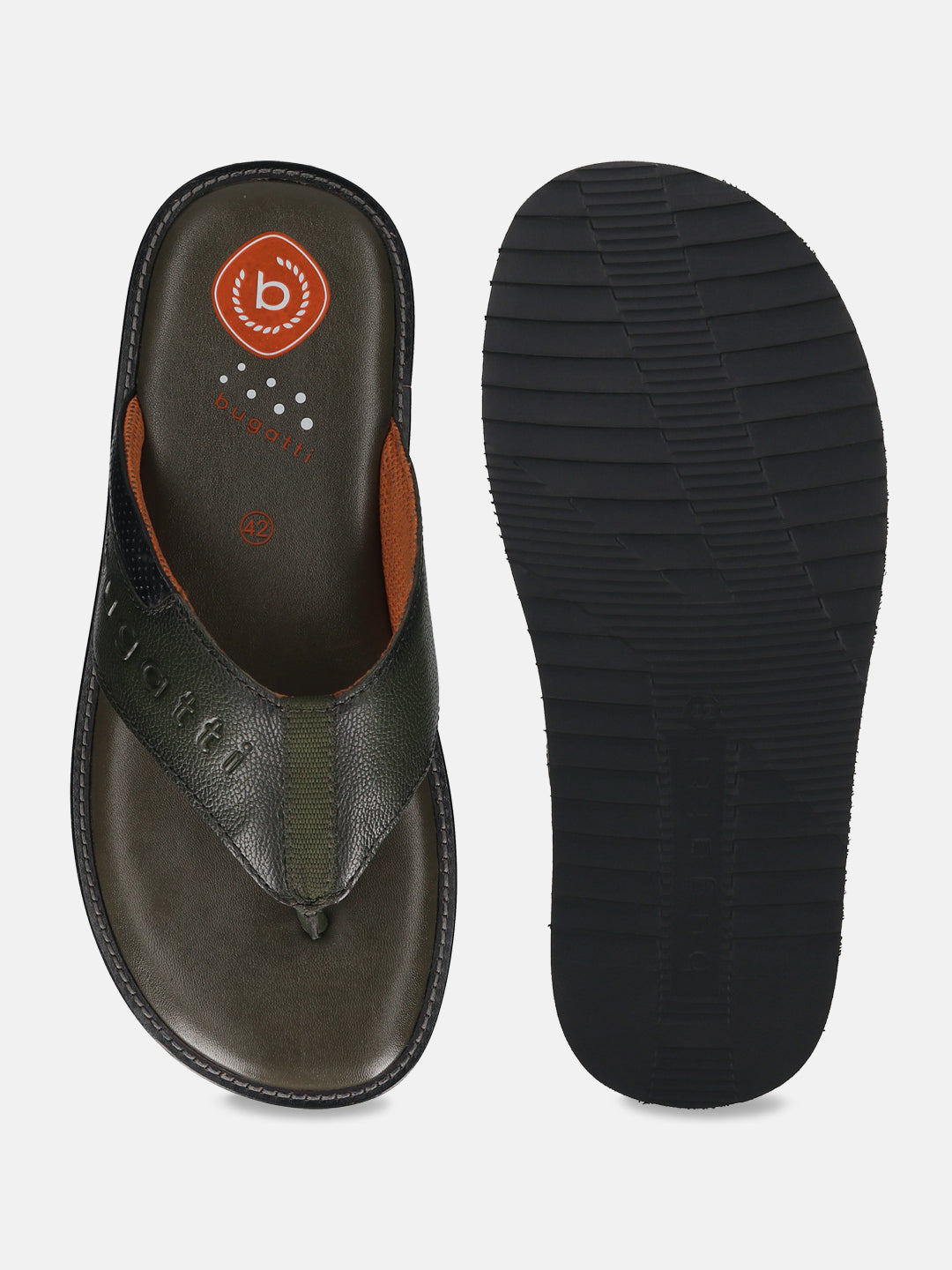 Men's Bugatti thong green leather shoes with a round toe , a eva outsole.