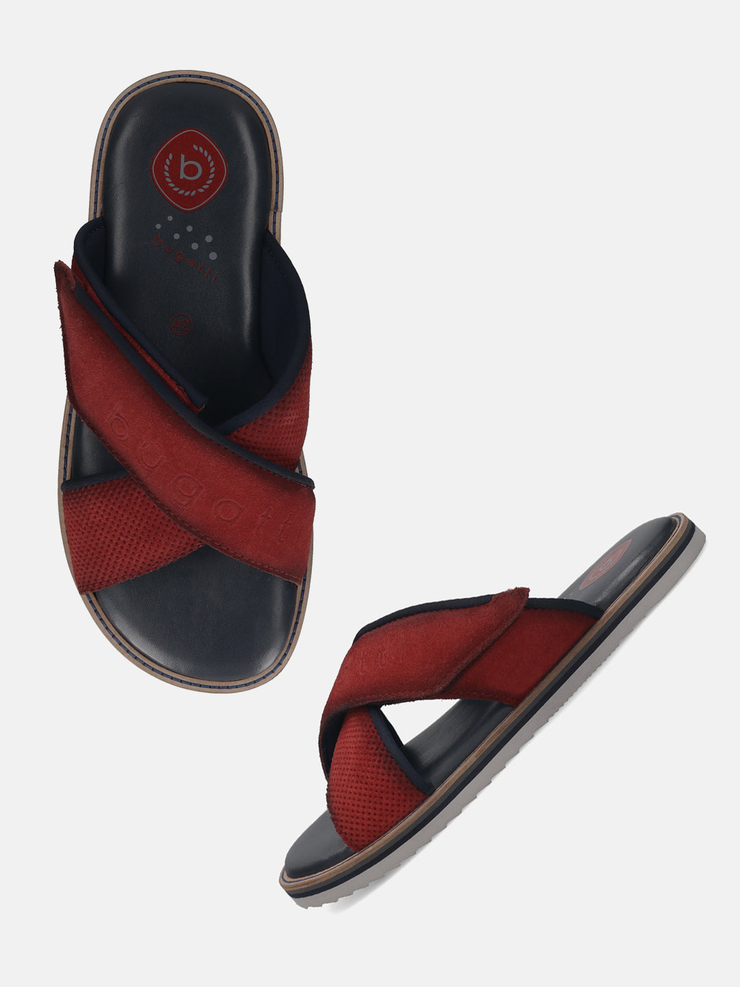 Men's Bugatti cross strap red leather shoes with a round toe , a eva outsole.
