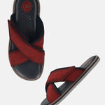 Men's Bugatti cross strap red leather shoes with a round toe , a eva outsole.