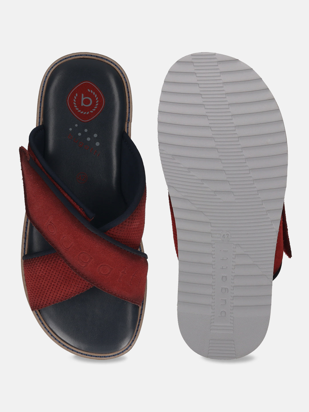 Men's Bugatti cross strap red leather shoes with a round toe , a eva outsole.