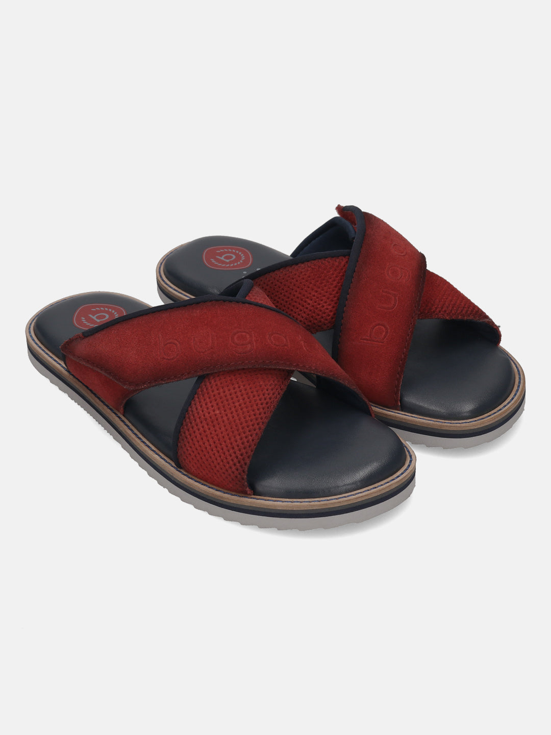 Men's Bugatti cross strap red leather shoes with a round toe , a eva outsole.