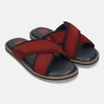 Men's Bugatti cross strap red leather shoes with a round toe , a eva outsole.