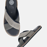 Men's Bugatti cross strap grey leather / textile shoes with a round toe , a eva outsole.