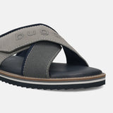 Men's Bugatti cross strap grey leather / textile shoes with a round toe , a eva outsole.
