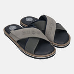 Men's Bugatti cross strap grey leather / textile shoes with a round toe , a eva outsole.