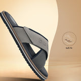 Men's Bugatti cross strap grey leather / textile shoes with a round toe , a eva outsole.