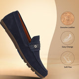 Men's Bugatti drivers blue leather shoes with a round toe and apron toe , a rubber outsole.