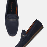 Men's Bugatti drivers blue leather shoes with a round toe and apron toe , a rubber outsole.