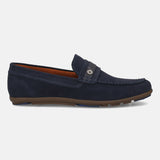 Men's Bugatti drivers blue leather shoes with a round toe and apron toe , a rubber outsole.