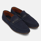 Men's Bugatti drivers blue leather shoes with a round toe and apron toe , a rubber outsole.