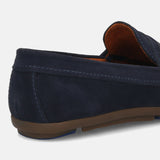 Men's Bugatti drivers blue leather shoes with a round toe and apron toe , a rubber outsole.