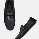 A blue Men's bugatti Drivers featuring a square toe apron toe, zero heels heel. Made from premium genuine leather with a durable rubber outsole, this slip-on design offers both style and comfort.