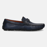 A blue Men's bugatti Drivers featuring a square toe apron toe, zero heels heel. Made from premium genuine leather with a durable rubber outsole, this slip-on design offers both style and comfort.