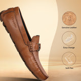 A cognac Men's bugatti Drivers featuring a square toe apron toe, zero heels heel. Made from premium genuine leather with a durable rubber outsole, this slip-on design offers both style and comfort.