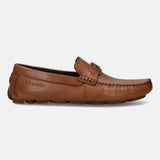 A cognac Men's bugatti Drivers featuring a square toe apron toe, zero heels heel. Made from premium genuine leather with a durable rubber outsole, this slip-on design offers both style and comfort.