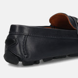Men's Bugatti drivers blue leather shoes with a round toe and apron toe , a rubber outsole.