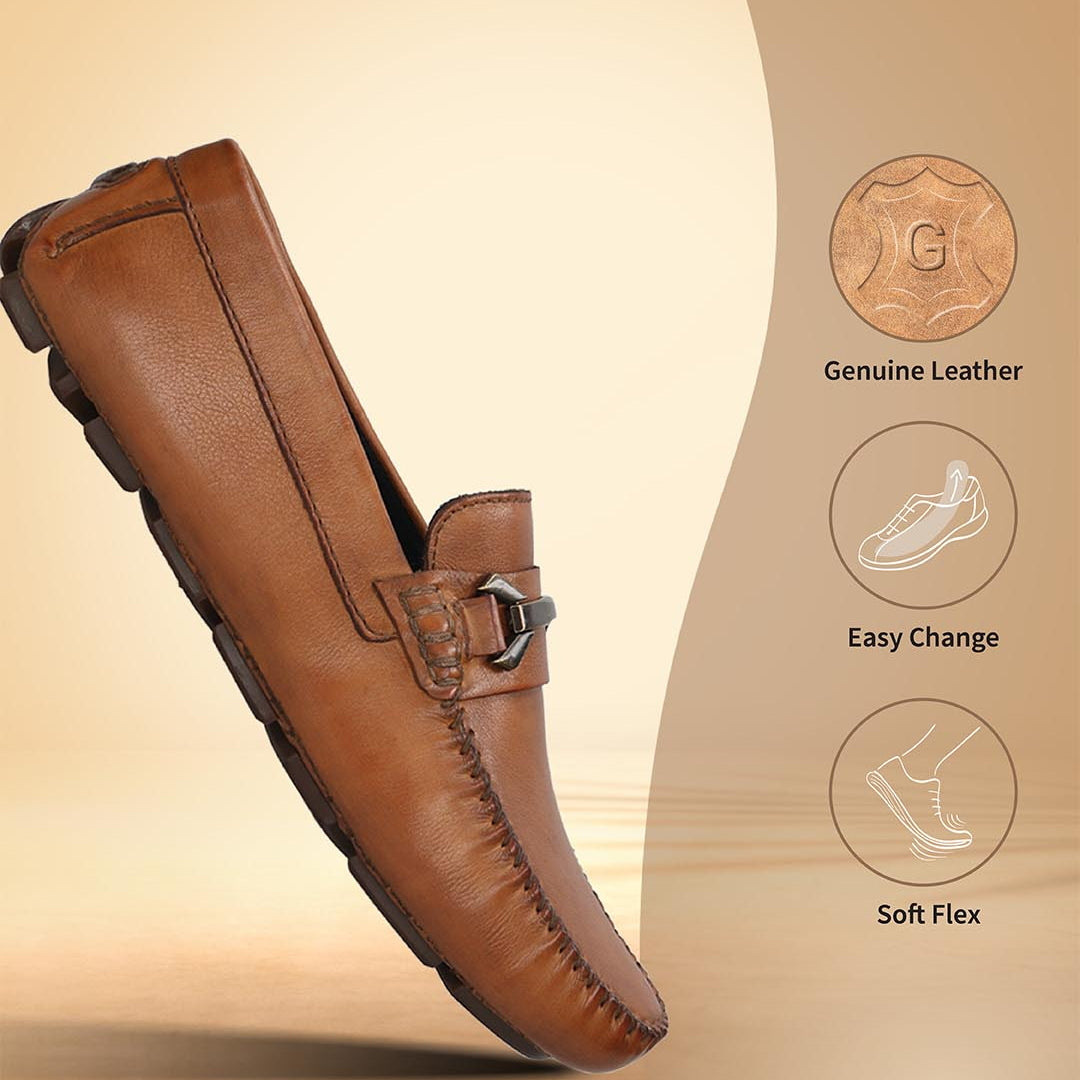 Men's Bugatti drivers cognac leather shoes with a round toe and apron toe , a rubber outsole.