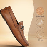 Men's Bugatti drivers cognac leather shoes with a round toe and apron toe , a rubber outsole.