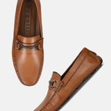 Men's Bugatti drivers cognac leather shoes with a round toe and apron toe , a rubber outsole.