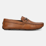 Men's Bugatti drivers cognac leather shoes with a round toe and apron toe , a rubber outsole.