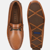 Men's Bugatti drivers cognac leather shoes with a round toe and apron toe , a rubber outsole.