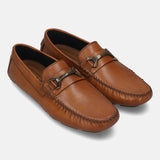 Men's Bugatti drivers cognac leather shoes with a round toe and apron toe , a rubber outsole.
