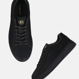 A black Men's bugatti Sneakers featuring a round toe plain toe, zero heels heel. Made from premium genuine leather with a durable tr outsole, this laces design offers both style and comfort.