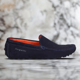 A blue Men's bugatti Drivers featuring a square toe apron toe, zero heels heel. Made from premium genuine leather with a durable pu outsole, this slip-on design offers both style and comfort.