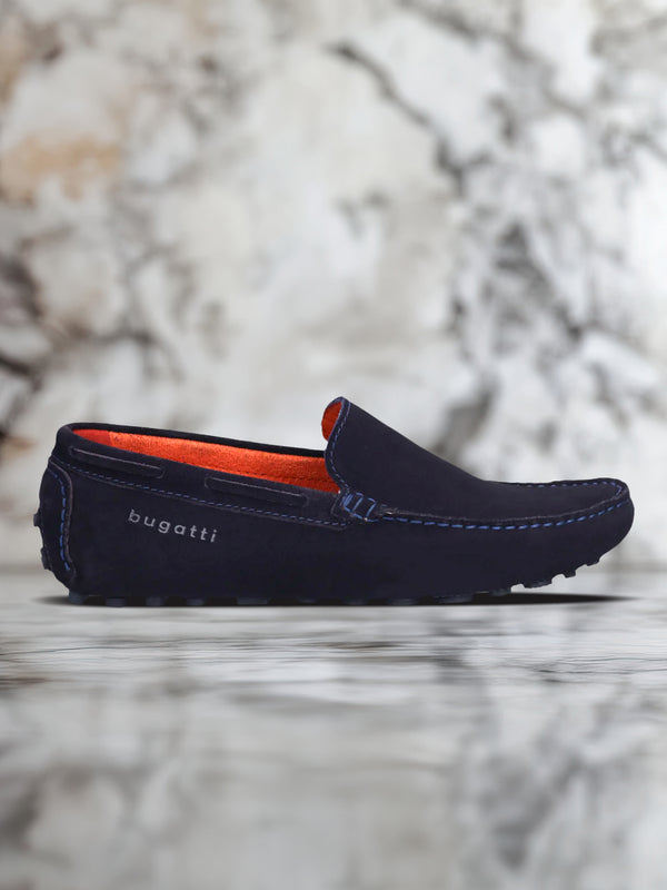 A blue Men's bugatti Drivers featuring a square toe apron toe, zero heels heel. Made from premium genuine leather with a durable pu outsole, this slip-on design offers both style and comfort.