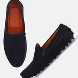 A blue Men's bugatti Drivers featuring a square toe apron toe, zero heels heel. Made from premium genuine leather with a durable pu outsole, this slip-on design offers both style and comfort.