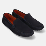 A blue Men's bugatti Drivers featuring a square toe apron toe, zero heels heel. Made from premium genuine leather with a durable pu outsole, this slip-on design offers both style and comfort.